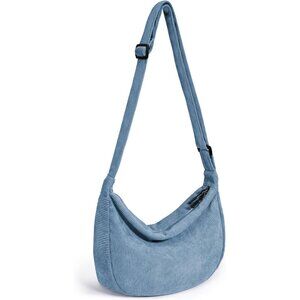 Women Corduroy Blue Imported Polyester Crossbody Lightweight Crescent Sling Bag
